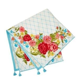 Pioneer Woman Sweet Rose Table Throw Runner Floral Blue Tassels 50-in Gift NEW